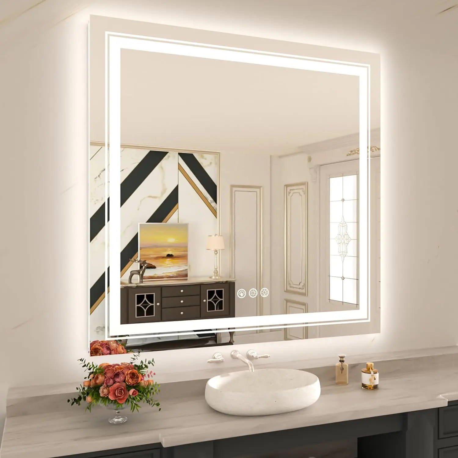 Bathroom Mirror  with Backlit and 3 Front Light Stepless Dimmable LED Mirror for Bathroom Lighted Bathroom Vanity Mirror for