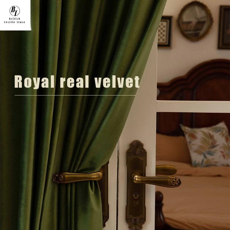 European Olive Green Curtains for Living Room Bedroom Dining Thicken Silk Velvet Blackout Velvet Decor Custom Size White Tulle 3
