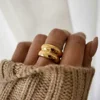 MHS.SUN Unisex Double Layer Gold Plated Wide Rings Fashion Stainless Steel For Women Men Smooth Chunky Jewelry Waterproof 1