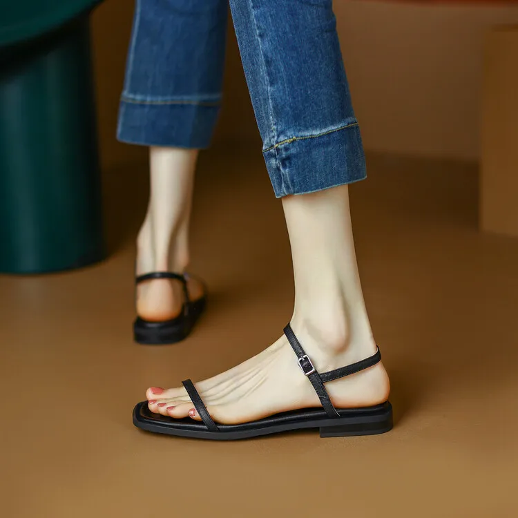 Chic Designer Black Leather Women Flats Sandals Simple Style