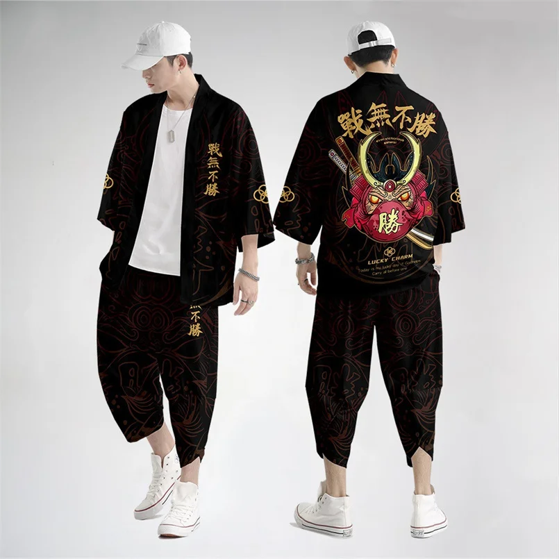 

Two-piece Suit Oversize XXS-6XL Japanese Style Fashion Kimono And Pants Set Men Cardigan Blouse Haori Obi Asian Clothes