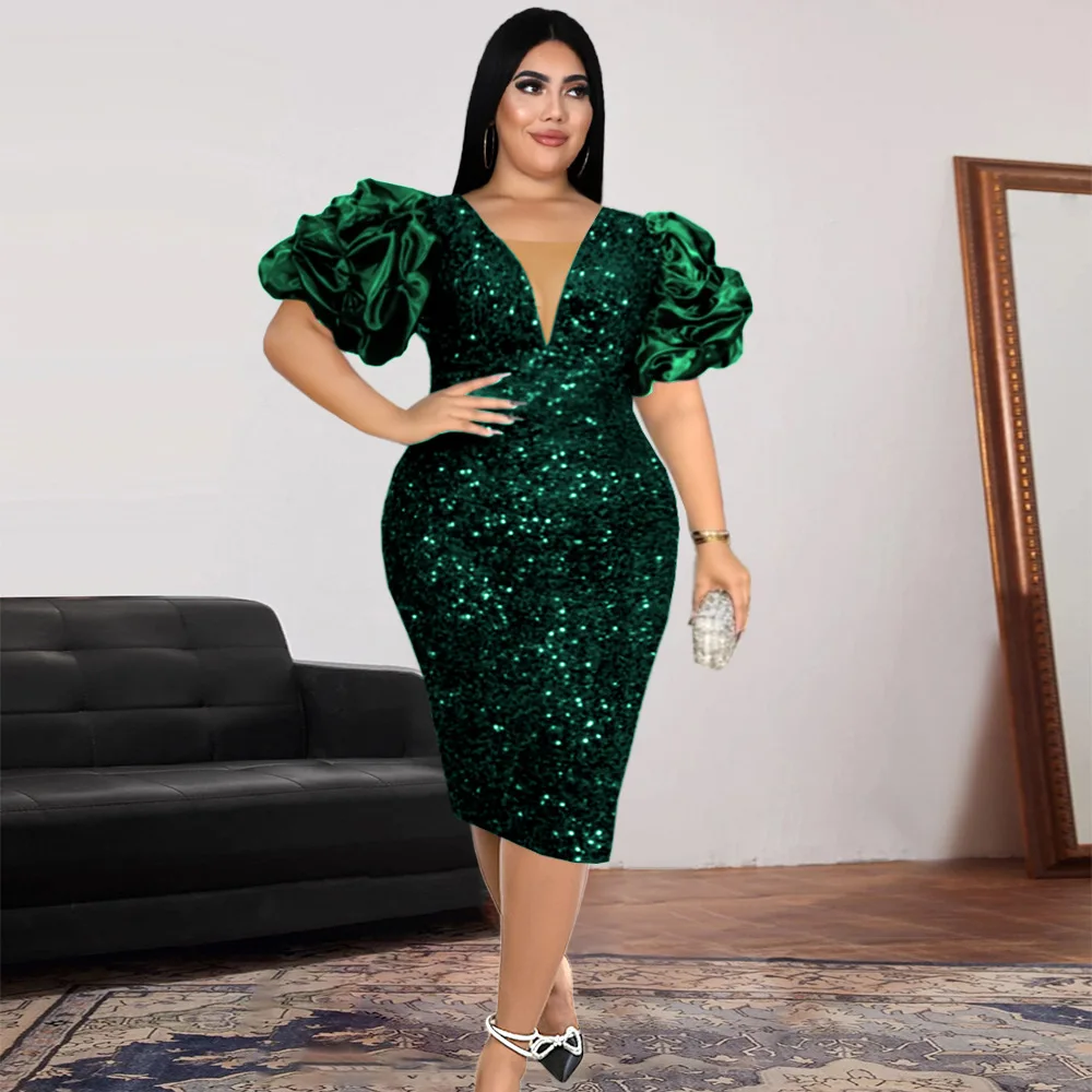 Plus Size Women Sequin Dress Puff Sleeve Party Dress Female Fashion Elegant Evening Gowns Casual Luxury Christmas Clothes
