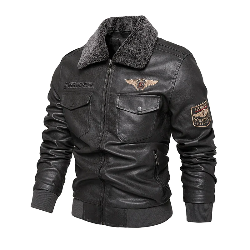 Winter Leather Jacket for Men's Casual and Fashionable Solid Color Windproof Fur Collar PU Coat Outdoor Bomber Flight Jacket