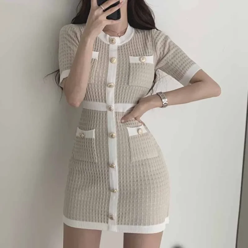 

Elegant Korean Round Neck Single-breasted Wool Knit Dress 2024 Party Summer Black Slim Buttoned Tight-fitting Mini Dress Vestido