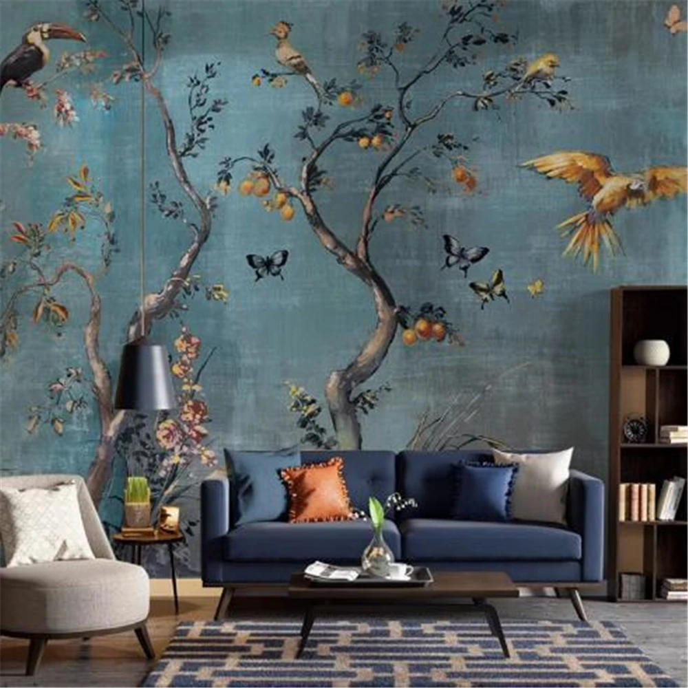 Papier Peint Personnalisé avec Forêt Tropicale, Peinture à l'Huile, Fond de Télévision, Mur, Fleur, Oiseau, Plante, Zones, Canapé, Chambre à Coucher 1