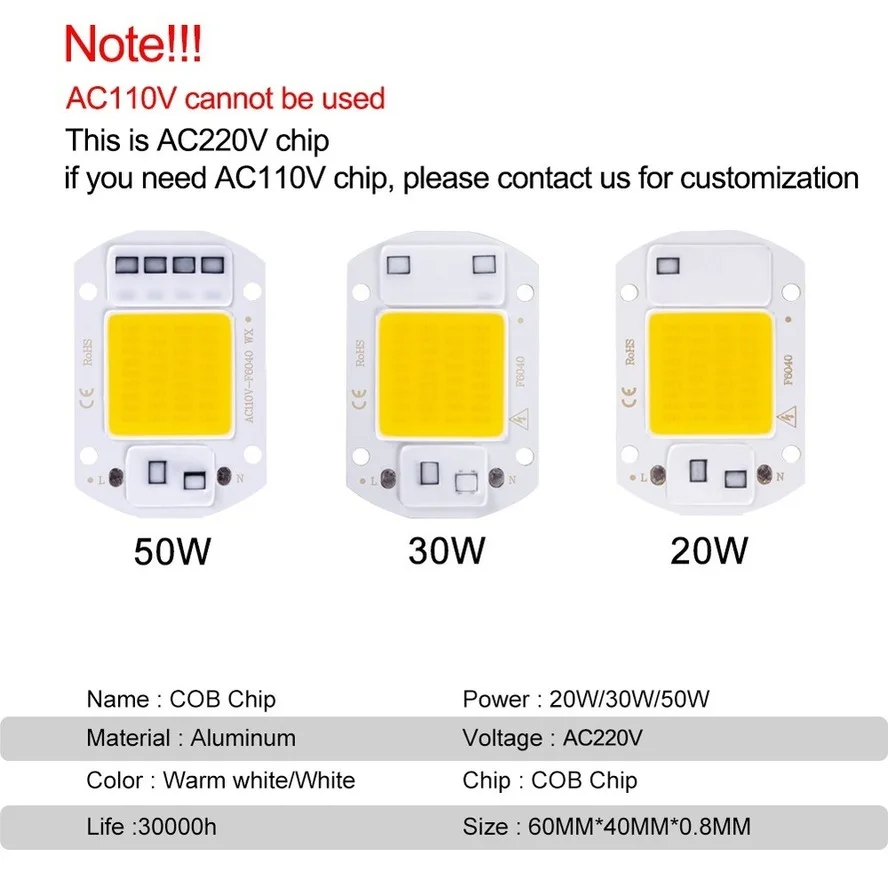 LED 칩 20W 30W 50W AC 220V 스마트 COB 램프 비즈, 드라이버 없는 LED 램프, DIY Lampada 야외 칩 조명 투광 조명, 6 개/로트