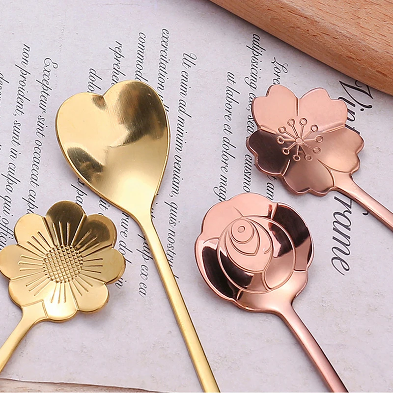 4Pcs/Set Mixing Spoons Small Flower Teaspoon Stainless Steel Coffee Spoon Cute Ice Cream Dessert Spoon Kitchen Accessories