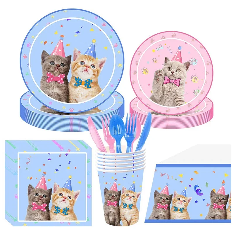 

Pet Cats Party Supplies Children's Birthday Decoration Boys Girls Disposable Tableware Cup Plate Napkin Tablecloth Baby Shower