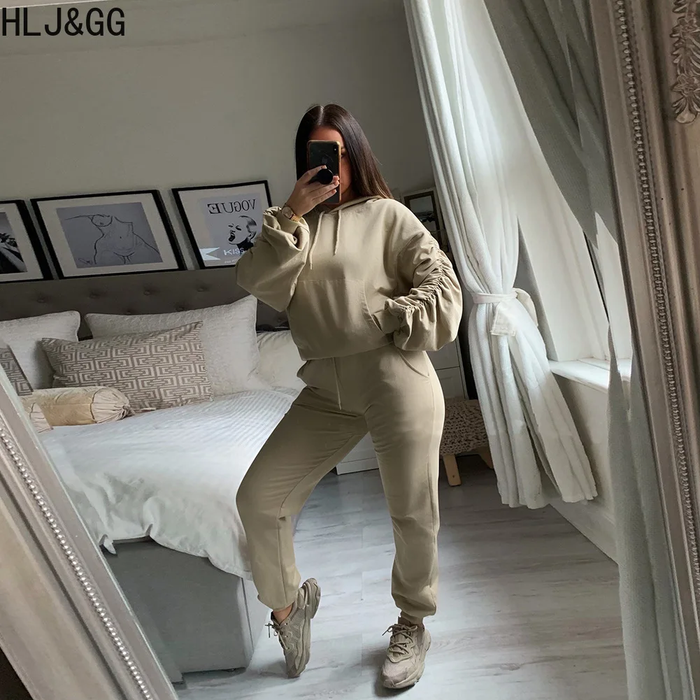 HLJ&GG Autumn Winter Casual Hooded Tracksuits Women Long Sleeve Sweatshirt And Jogger Pants Two Piece Sets Female Sporty Outfits