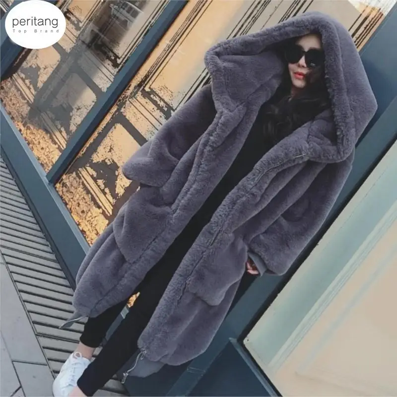 

Женское теплое меховое пальто с капюшоном, повседневное однотонное пальто средней длины из искусственного меха с длинным рукавом, зима 2024