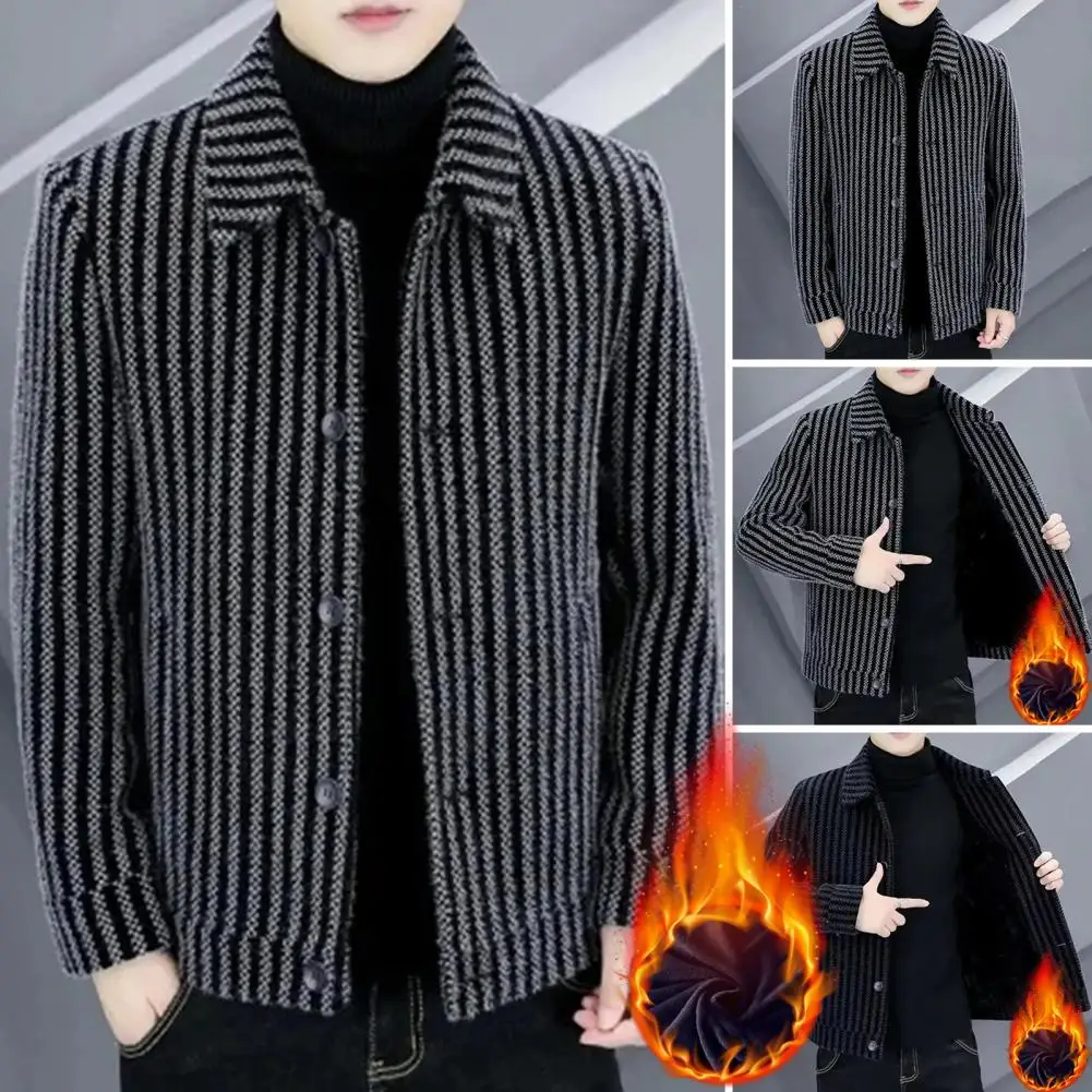 Modern Men Outerwear Striped Single-breasted Men's Cardigan Coat Thick Warm Mid Length Business Style Jacket for Casual Plus