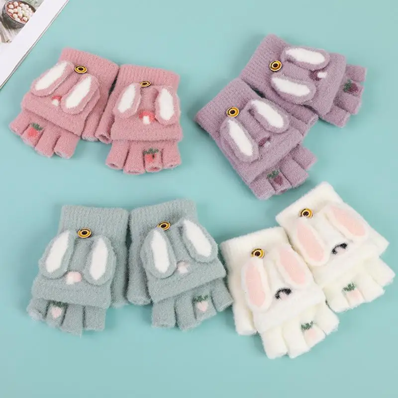 

Мультяшные вязаные перчатки для детей с ушками кролика зимние перчатки с открытыми пальцами уличные теплые варежки для катания на лыжах Велоспорт Пикник