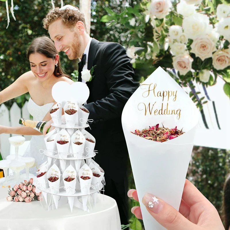 Wedding Confetti Cones Kraft Paper Wedding Tray Confetti Cone Stand Box Tray Rustic Wedding Decoration Confetti Cones Set supply