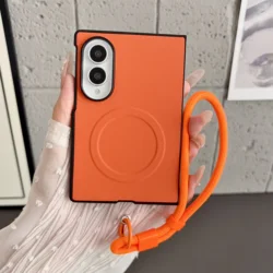 Matte Tech Woven Magnetic Wireless Charging Phone Case with Lanyard Protector Cover for Galaxy Z Fold 8 Ultra (Orange)