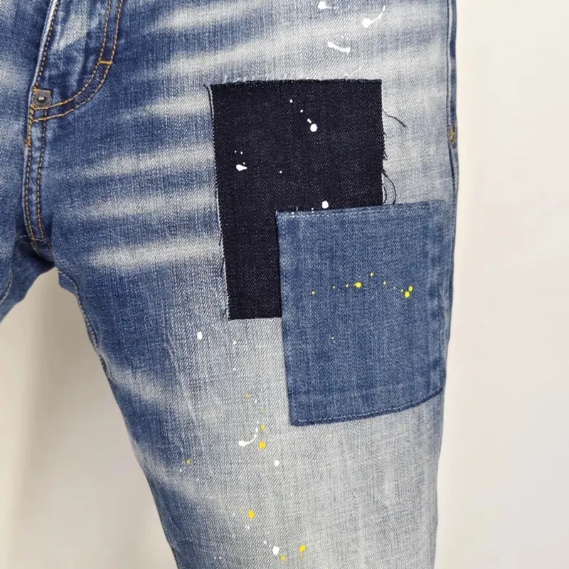 Street Fashion Men Jeans Retro Blue High Quality Elastic Skinny Fit Ripped Jeans Men Patched Designer Hip Hop Brand Pants Hombre