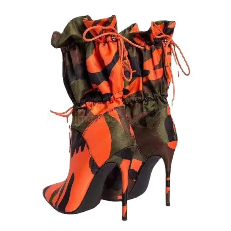 Women Stiletto Shoes Camouflage Elastic Band Mid Calf Boots Roman Style Thin High Heel Pointed Toe Boots Spring Autumn Ladies