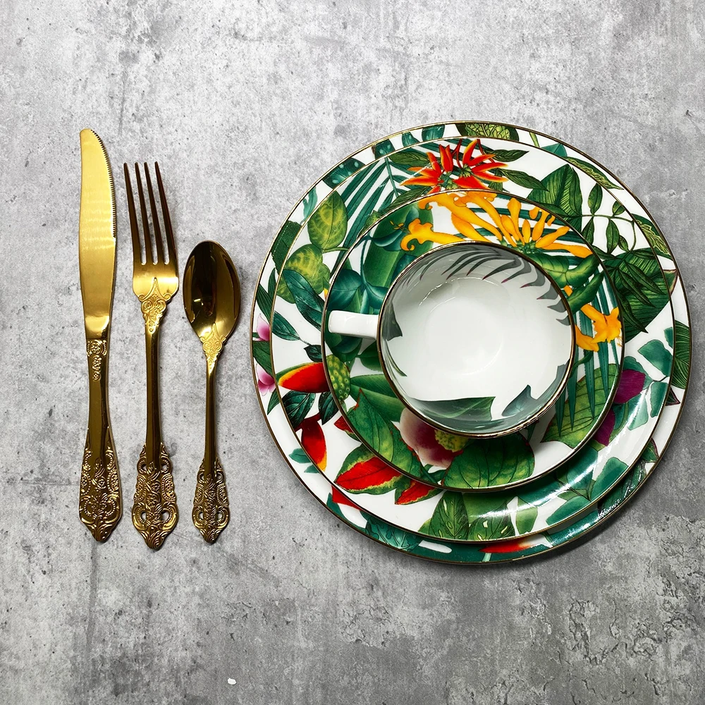 

Bone China Nordic Style Snack Plate Ceramic European Style Western Condiment Dish Tableware Set With Fork and Spoon