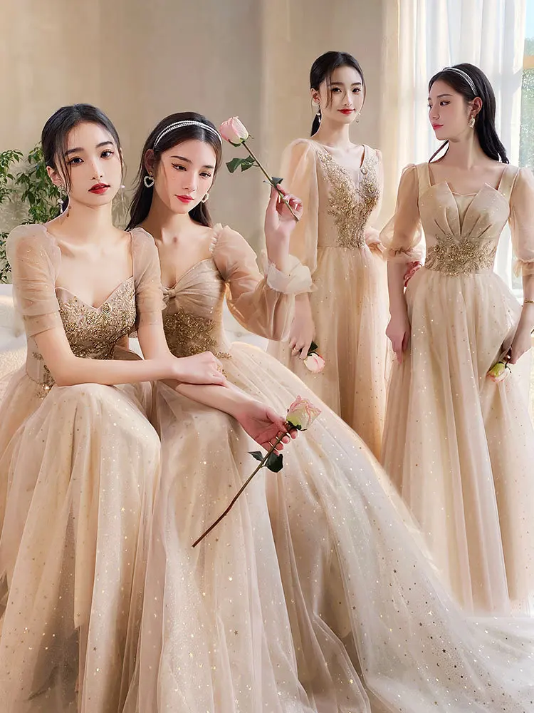 Elegant Square Collar Bridesmaid Dress Simple Puff Sleeve Appliques Sequin Tulle Long Party Gowns Female Fantasy