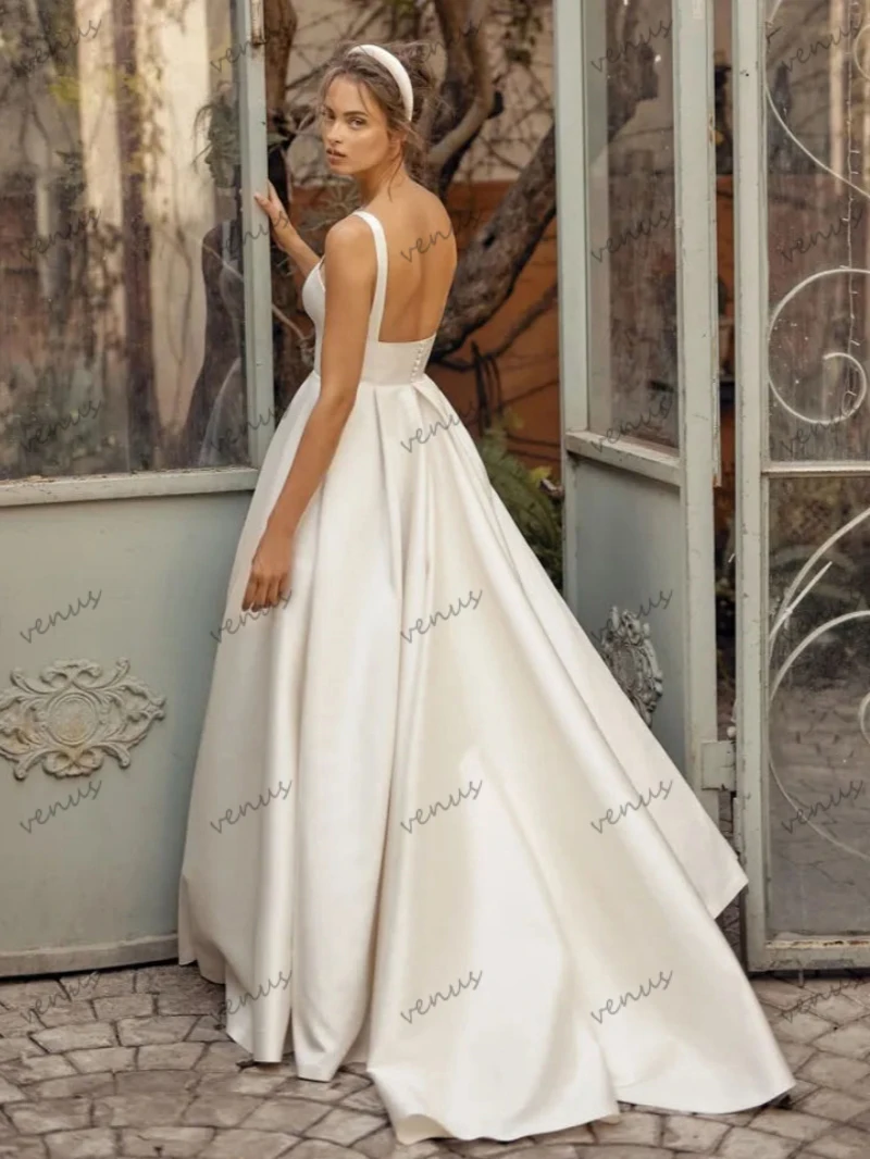 Charming Wedding Dresses A-Line Satin Bridal Gowns Spaghetti Straps Sexy Backless Robes Elegant Vestidos De Novia Customized 4