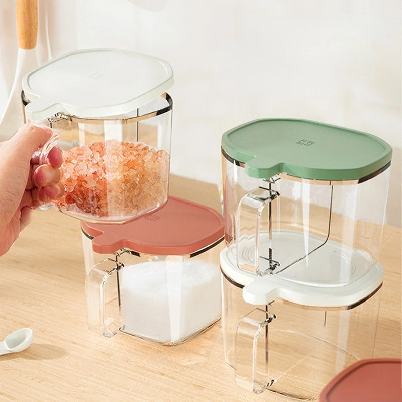 

500ML Unique Split Grid Sugar Bowl Transparent Condiment Container With Spoon Double Sugar Bowl Kitchen Accessory