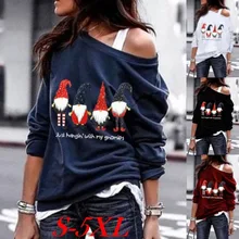 

Women's sweater autumn new Santa Claus Print Long Sleeve diagonal shoulder casual sweater for women