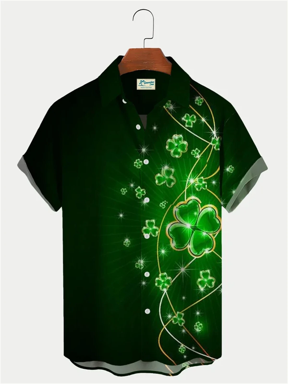 

Peace Clover Print Men's Short Sleeve Shirt Elf Hawaiian Men's Casual Lapel Top 2024 New Large Size Men's Shirt