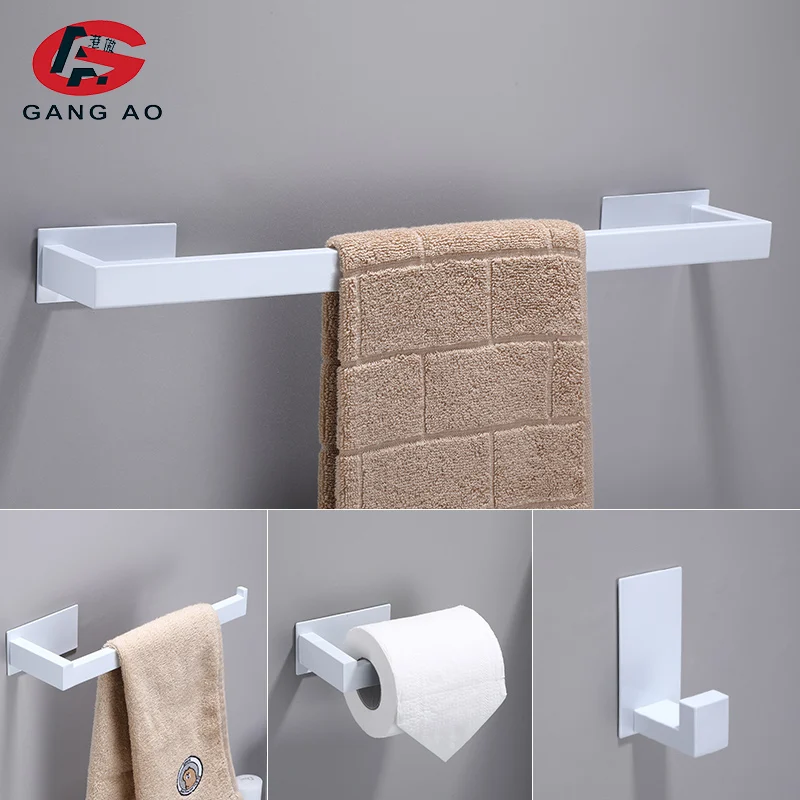 No Drilling White Bathroom Accessories Sets Toilet Tissue Roll Paper Holder Towel Rack Bar Rail Ring Robe Clothes Hook Hardware