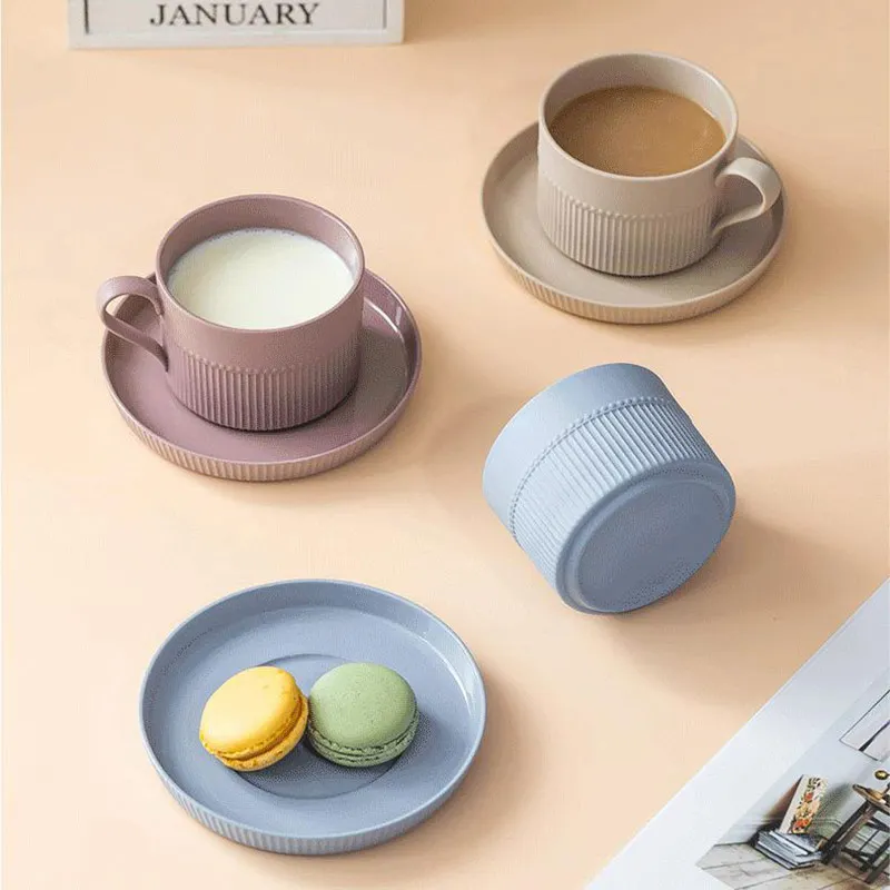 SimpleCeramicMugAndSaucerSetEuropeanVerticalStripesCoffeeMug