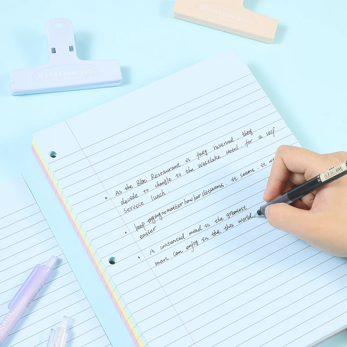 3-Hole Loose-Leaf Paper, Colorful Office 3-Ring Binder Filling Paper, Horizontal Line Inner Pages Suitable for School and Office, Size 8x10.5inch, Five Colors - 5