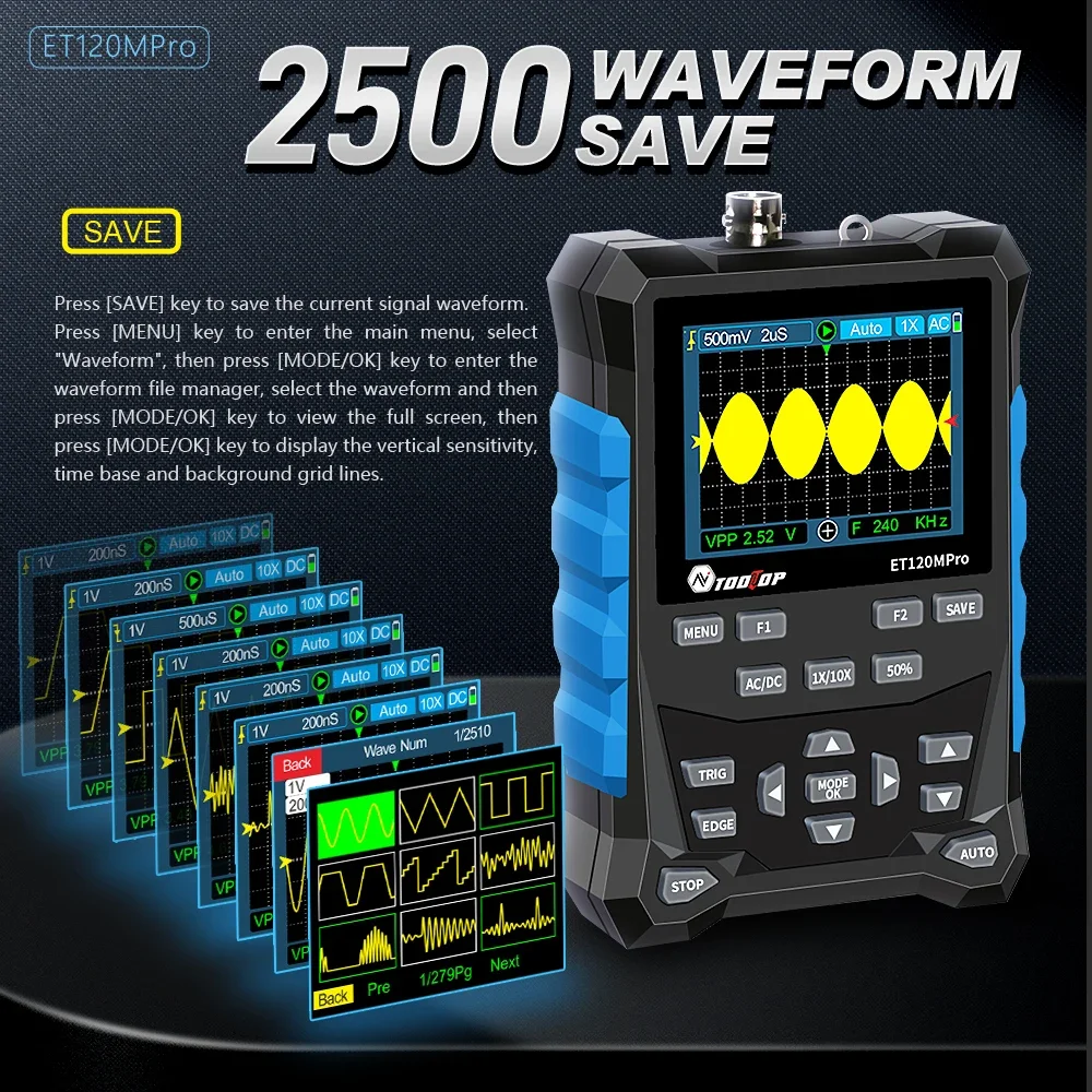 TOOLTOP ET120MPro 120MHz Portable Oscilloscope 500MS/s Fast Sampling Rate Signal Sources 2-in-1 Auto Mini Oscilloscope 5