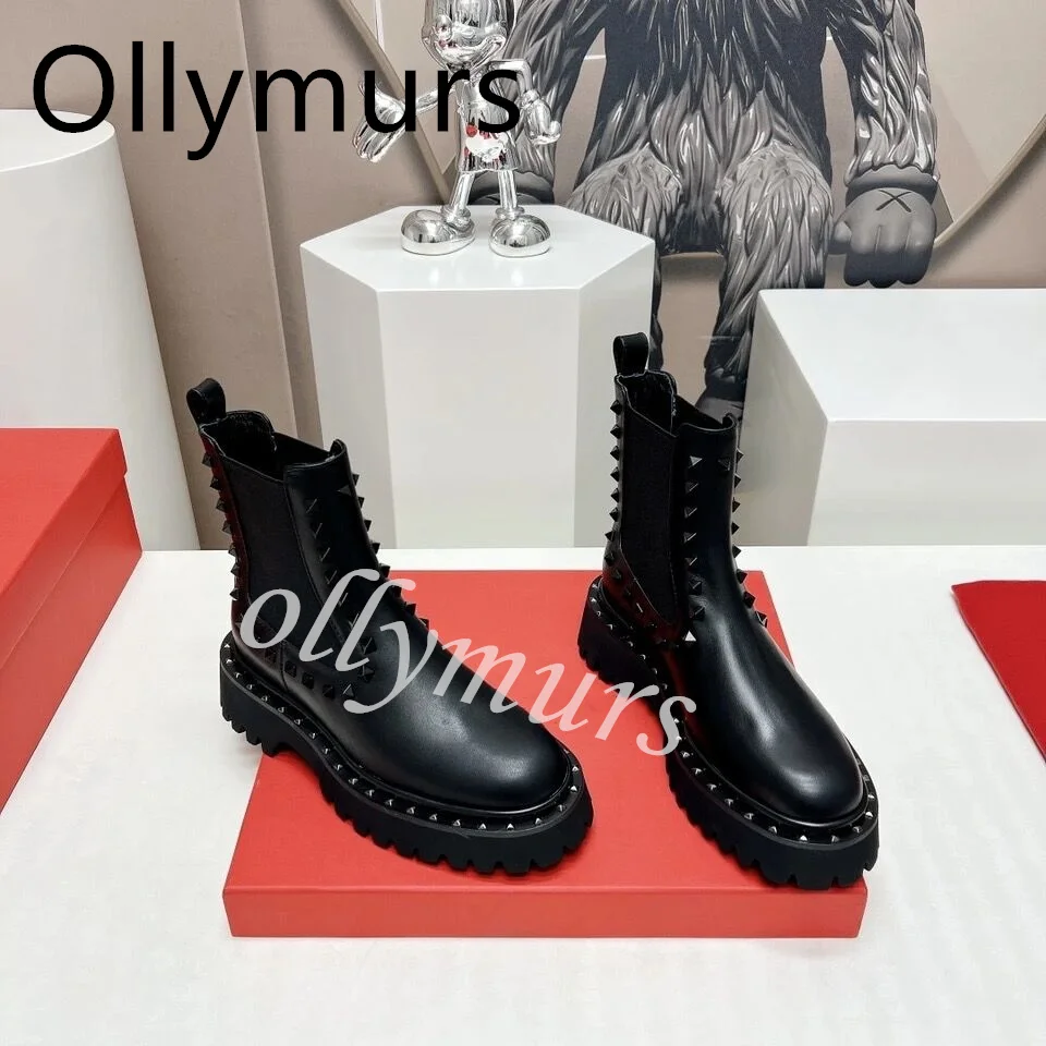 

Shoes For Women Genuine Leather Designer Shoes Women Luxury 2023 Women Ankle Boots Platform Chunky Heel Chelsea Studded Boots