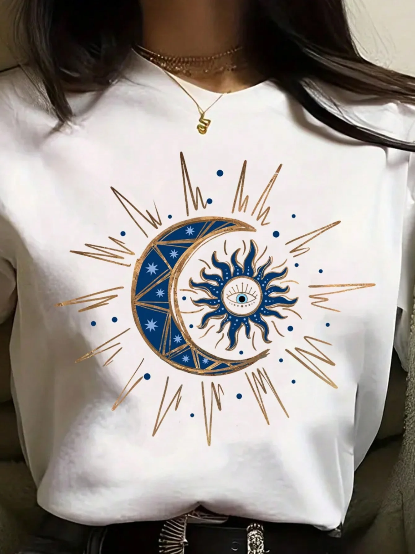 

Sun & Moon Print Crew Neck T-shirt, Casual Short Sleeve Top For Spring & Summer, Women's Clothing feminist shirt