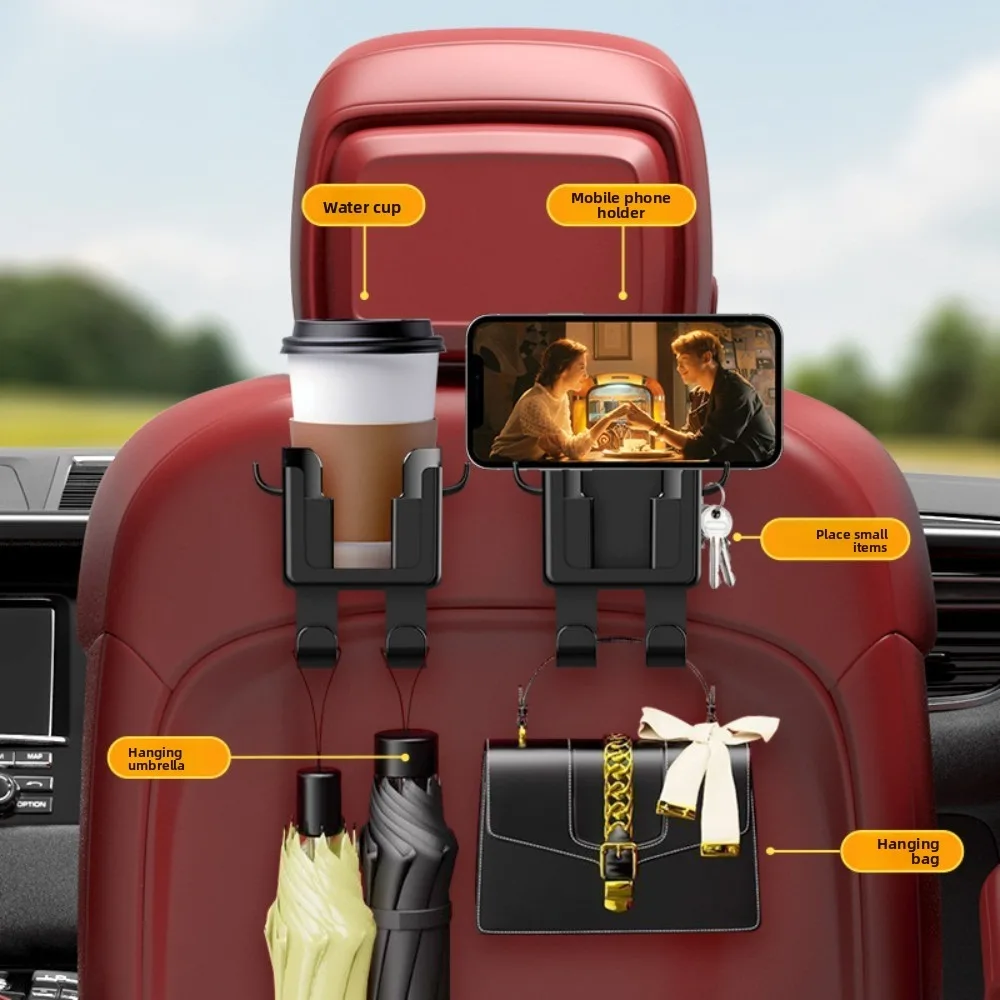 6 in 1 차량용 컵홀더, 4개의 후크가 있는 헤드레스트 걸이식 음료 홀더, 범용 자동차 뒷좌석 병 홀더(휴대폰 거치대 포함)