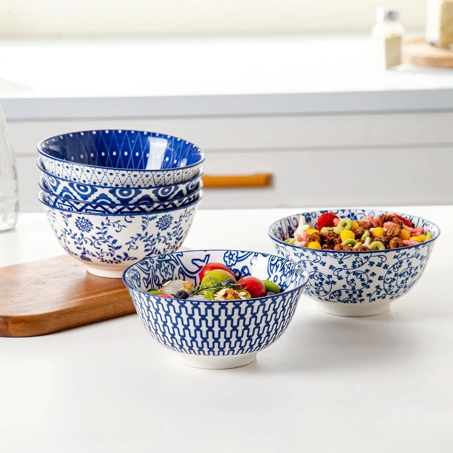 6‑Piece Ceramic Soup Bowls Set – 24 oz Deep Bowls for Cereal, Pasta & Salad, Vintage Blue 3