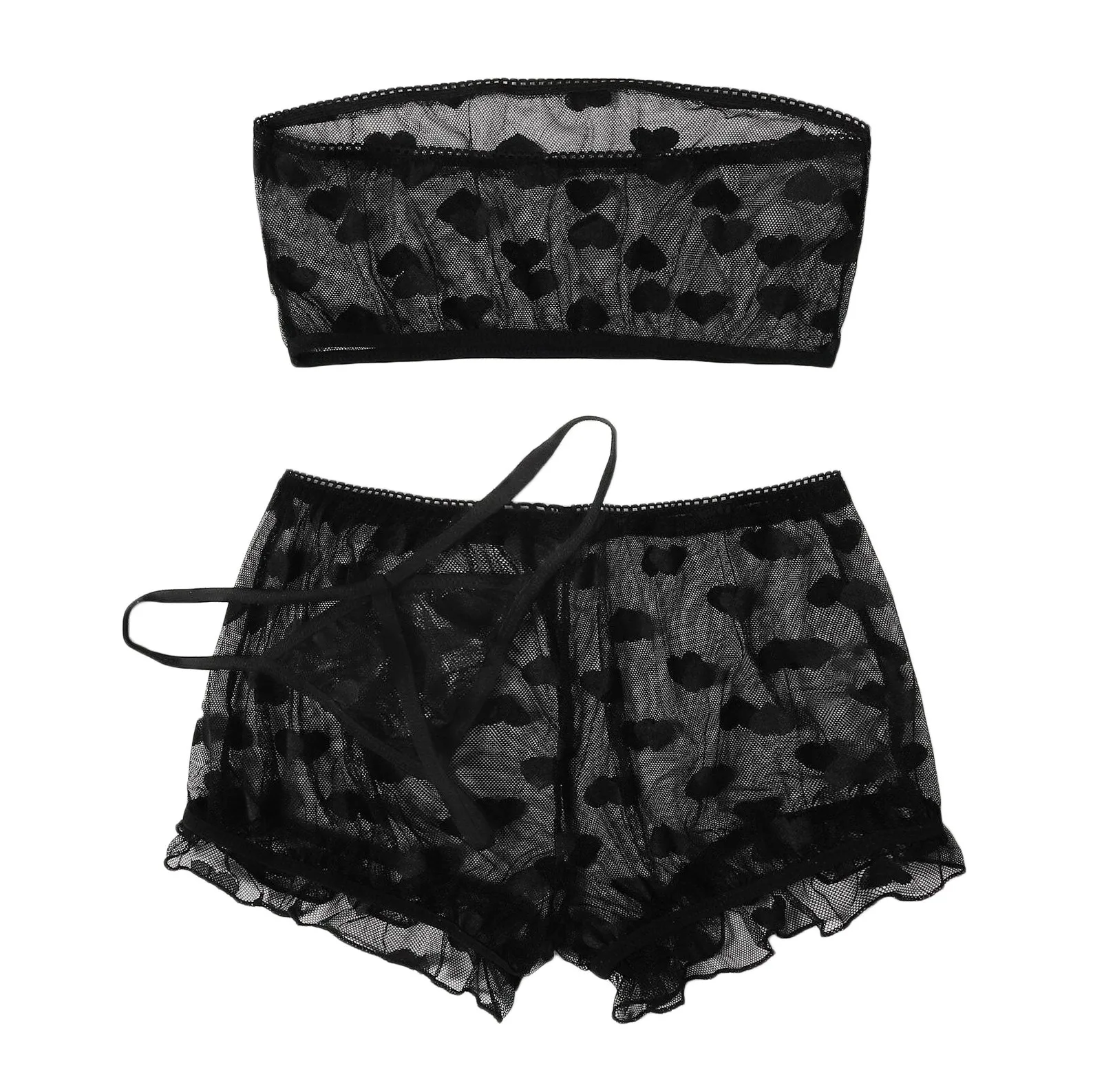 Új szexi női alsónemű csőfelső rövidnadrág tanga szívmintás fodros szegéllyel áttetsző fehérnemű szett szexi plus size fehérnemű_voghion.com