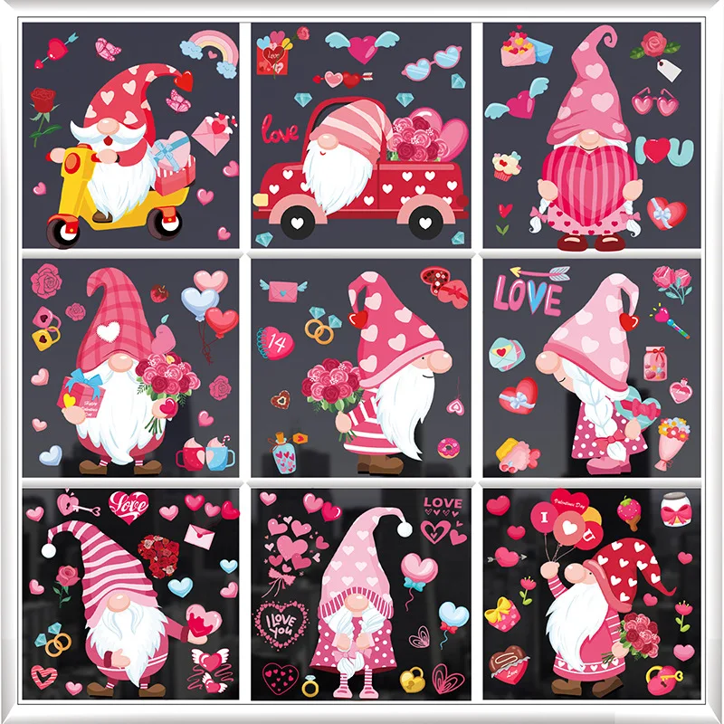 

9Sheets/set Valentine's Day Window Stickers Happy Valentiens Party Cartoon Dwarf Love Heart Sticker DIY Wall Sticker Decoration