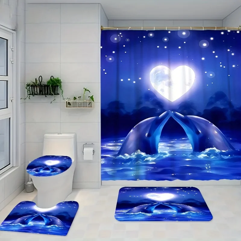 Romantic Dolphin Heart Ocean Theme Bathroom Set - Waterproof Shower Curtain, Toilet Lid Cover, Bath Mat, and Contour Mat 2