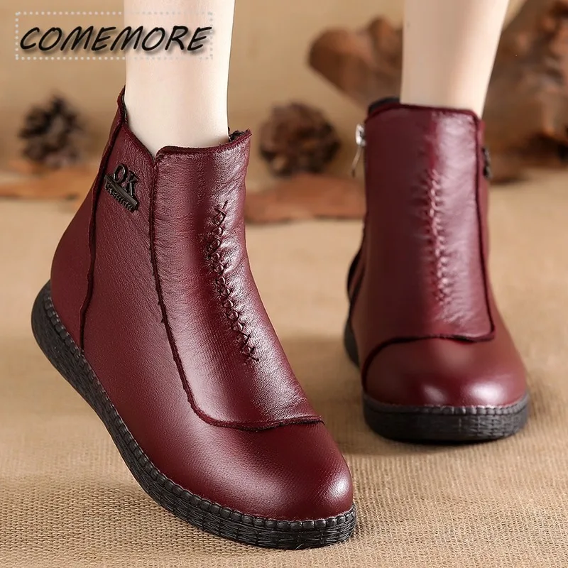 

Женские ботинки из искусственной кожи, зимние теплые водонепроницаемые ботильоны на плоской подошве, удобная женская обувь без застежки, плюшевая обувь, женская обувь