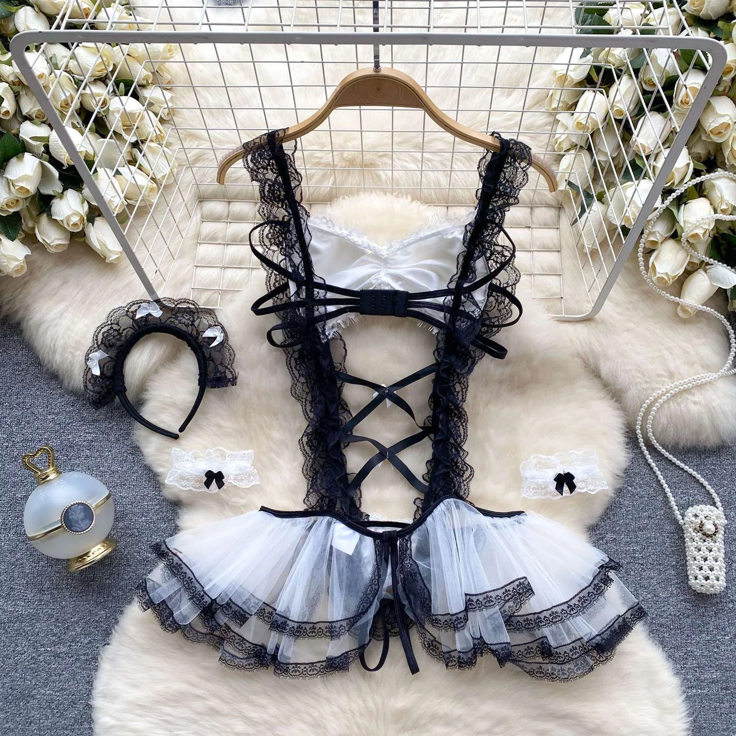 Lolita Strap Bodysuit With Cross Lace Up Hollow Patchwork Playsuit Double-Layer Sheer Mesh Sweet Women's Pajamas Sexy Lingerie