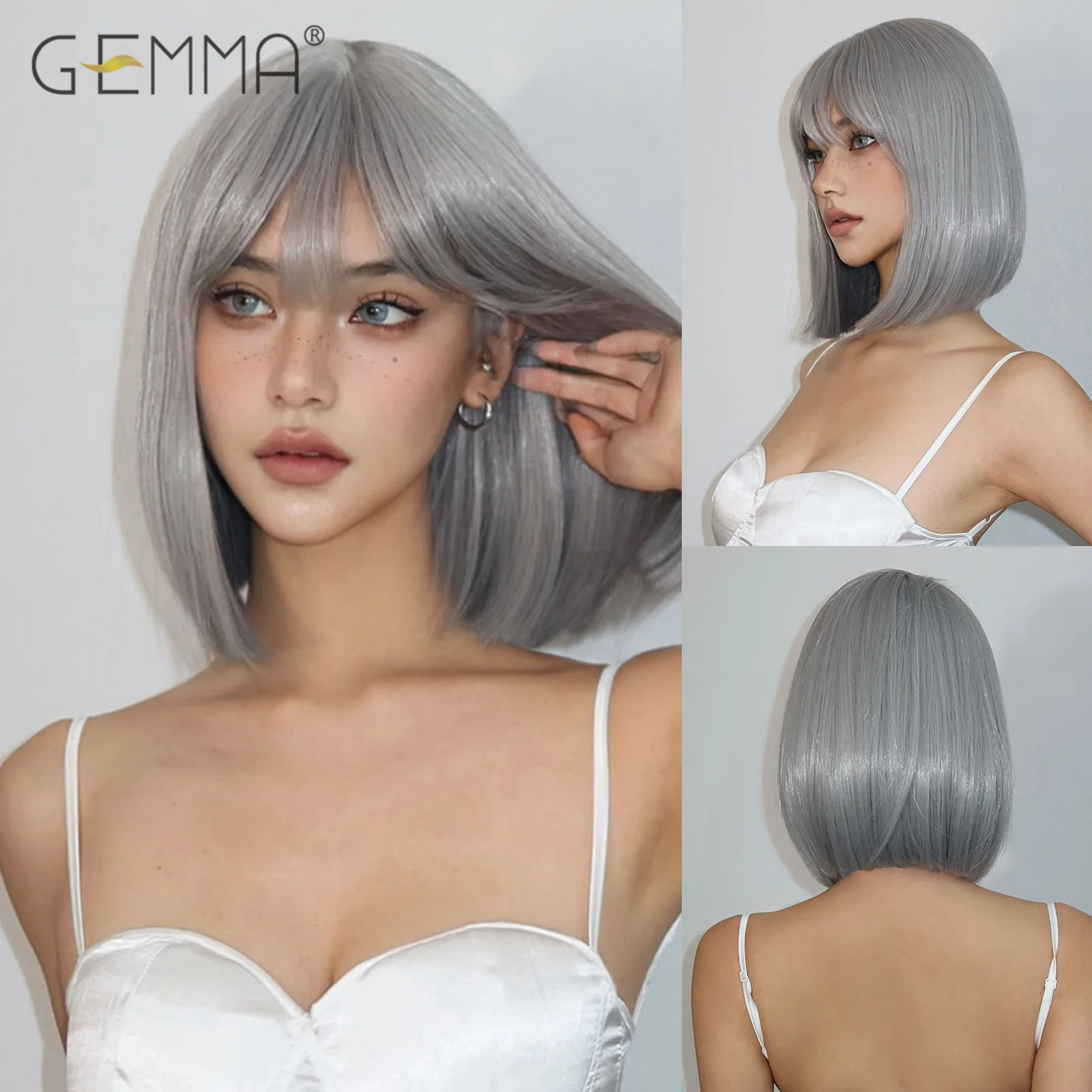 

Серебристо-серый короткий прямой парик синтетические парики боб с челкой для белых женщин Косплей ежедневное использование парик натуральные волосы термостойкие