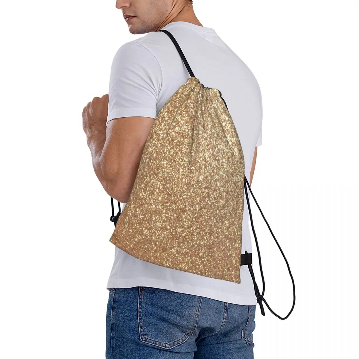 Copper Rose Gold Metallic Glitter Drawstring Bag Backpack Anime Cartoon Women Backpack Customized with Logo Bag