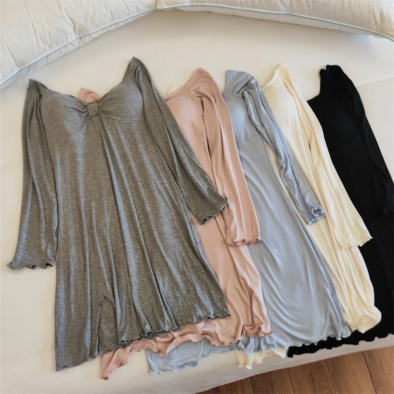 Sanftes Nachthemd für Damen, Lounge-Modal-Schlafhemd, Frühling, Herbst, Winter, langärmeliges Kleid, Brustpolster, Heimkleidung, Nachthemd – Detail 11