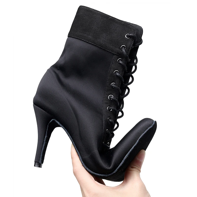 Ladies Black Lace Up Dance Boots Women Elastic Band Jazz Dancing Shoes Woman Closed Toe High Heel Booties for Girl 7.5cm-11cm