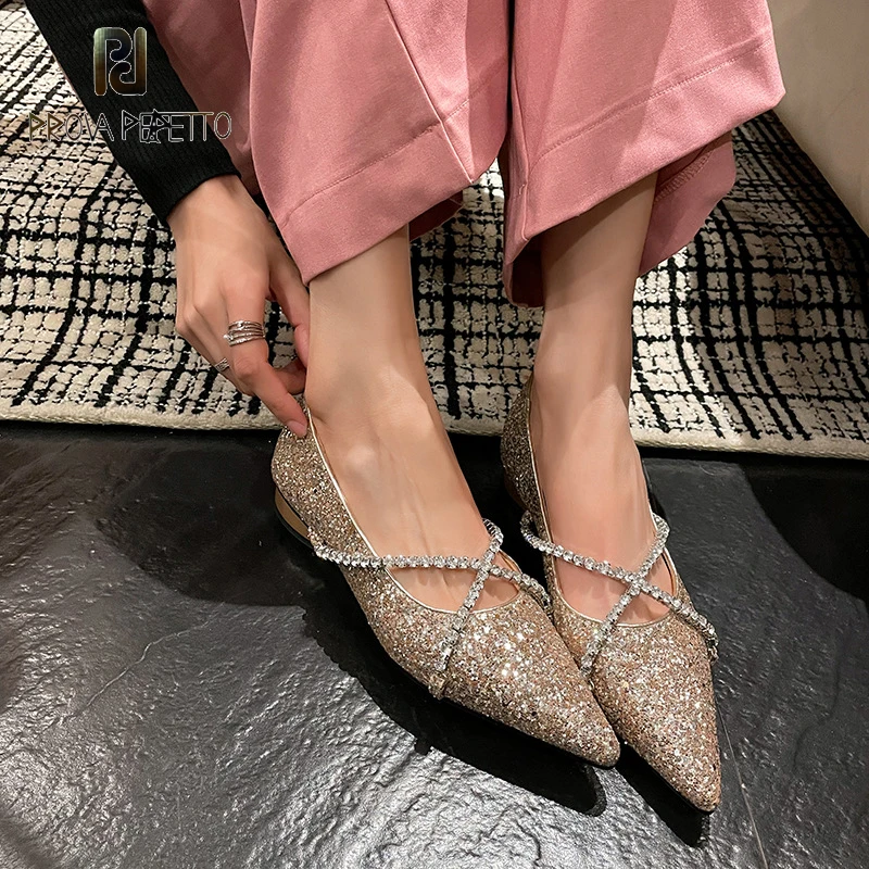

Rhinestone Fashion Single Shoes Women's 2023 New Sequins Cross Strap Flat Shoes Pointed Toe Shallow Mouth Fairy Style