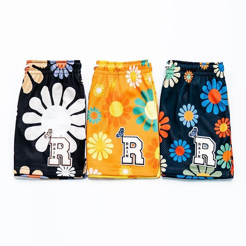 American Style Rain Flower Casual Shorts For Men Women Mesh Quick Dry Three Quarter Length Basketball Training Pants