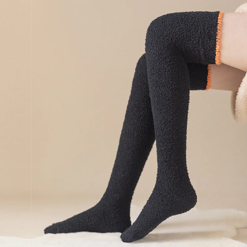 Thigh High Socks 1 Pair Women's Warm Plush Thigh High Socks Winter Coral Fleece Over The Knee Long Socks For Home Sleep EU 35-40 Solid Colors