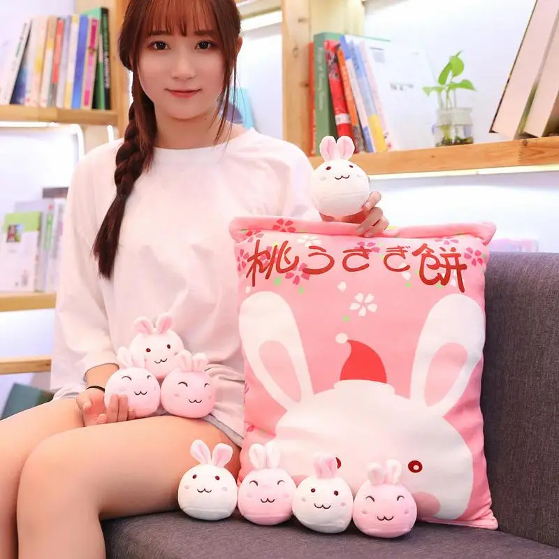 Cute Snack Pillow Puddings Snack Removable Bunny Snack Bag Pillow With 8 Bunny Dolls Large Bag Plush Toys Easter Birthday Gift