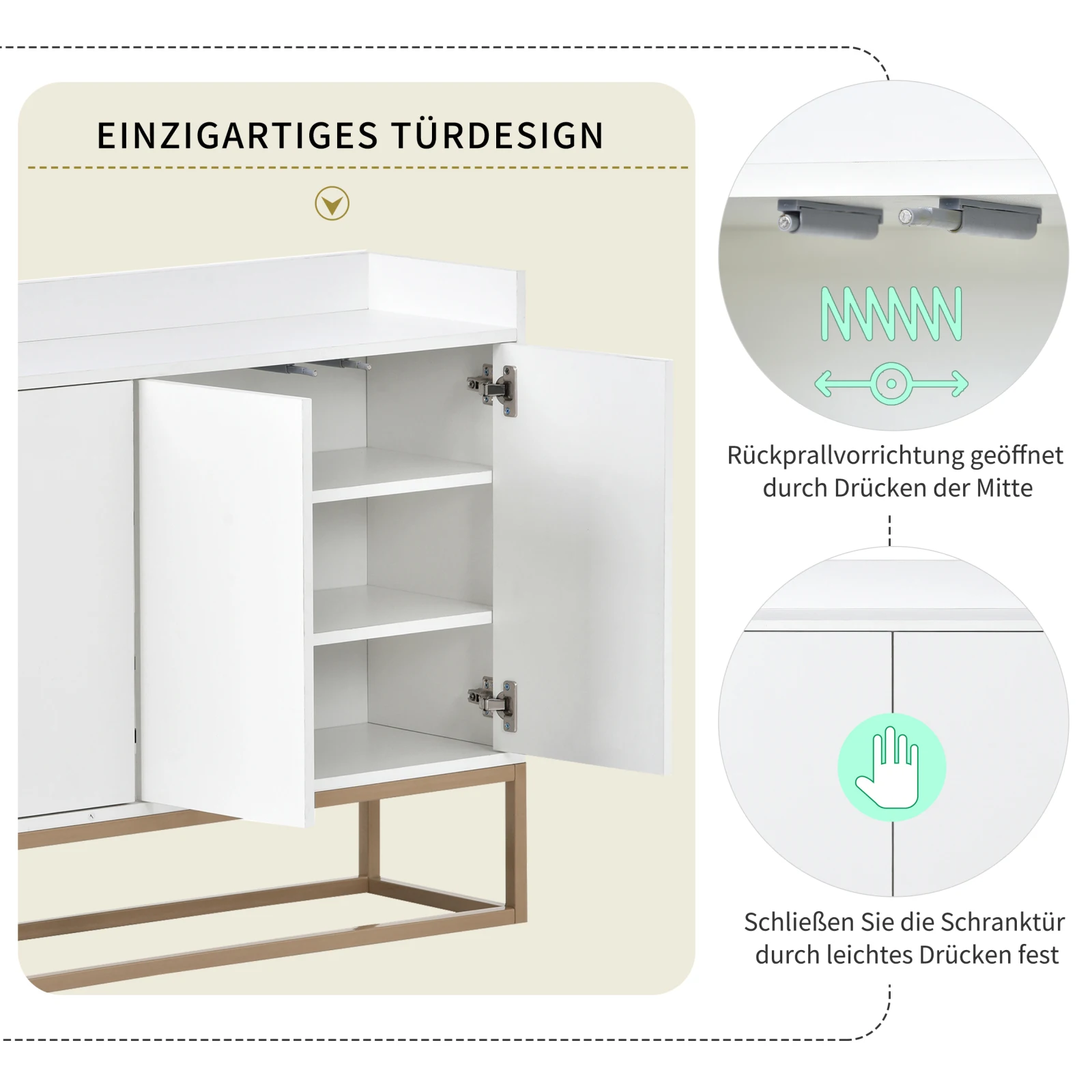 Rosahqnda Sideboard-Schrank mit 4 Türen, griffloser moderner Buffet-Aufbewahrungsschrank für Esszimmer, Küche, Wohnzimmer, 120 x 30 x 80 cm – Detail 15