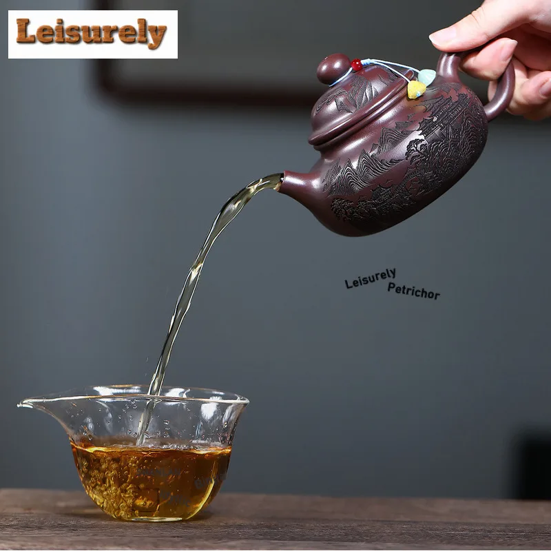 300ml Yixing Purple Clay Teapots Famous Artists Handmade Carved Pot Raw Ore Antique Brass Mud Tea Maker Kettle Zisha Tea Set