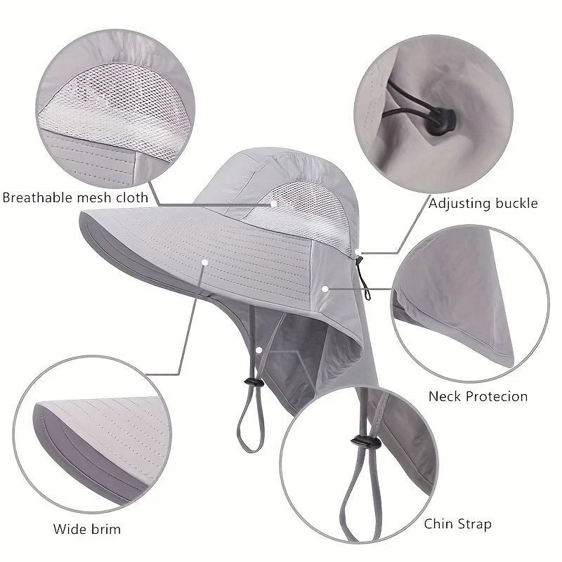 Men's Wide-Brimmed Sun Hat Breathable Adjustable Waterproof Nylon Hat With Mesh Weaving Suitable For Hiking And Camping fishing hat